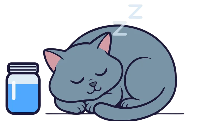 Gus Gus the cat curled up asleep next to his jar of water
