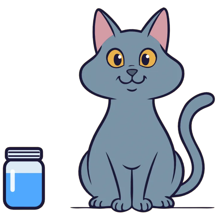 Gus Gus the grey cat, wide awake, sitting next to his jar of water