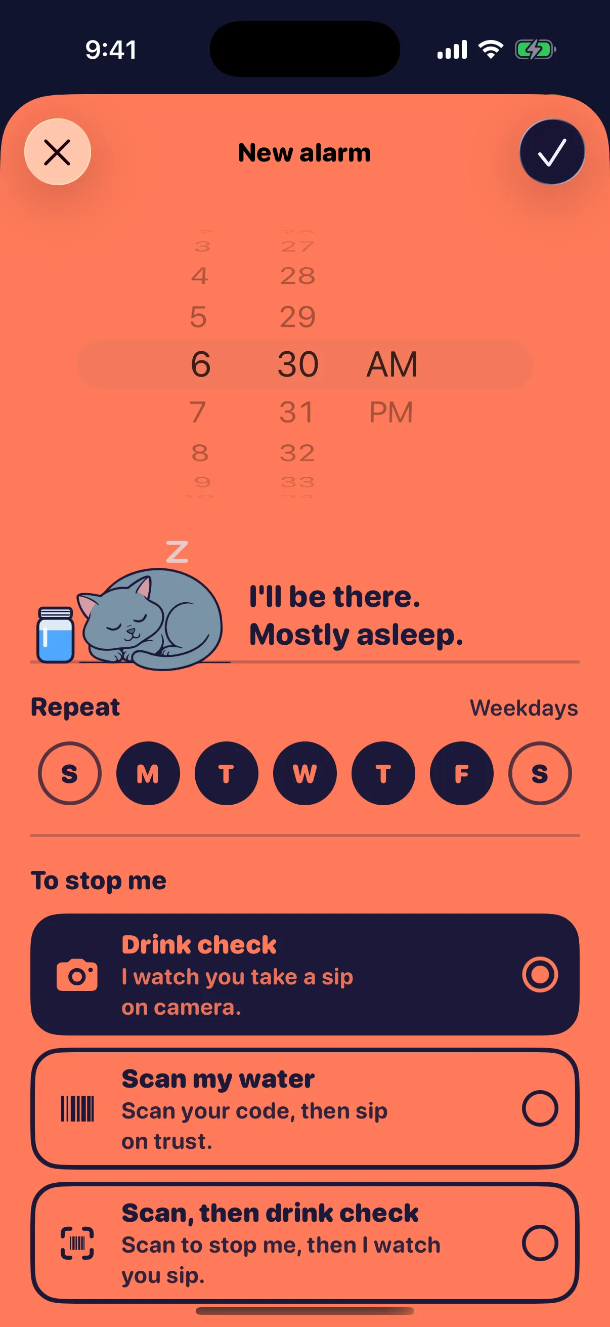 The Sleepy Sip new-alarm screen set to 6:30 AM on weekdays, with Gus Gus curled up asleep saying “I'll be there. Mostly asleep.”